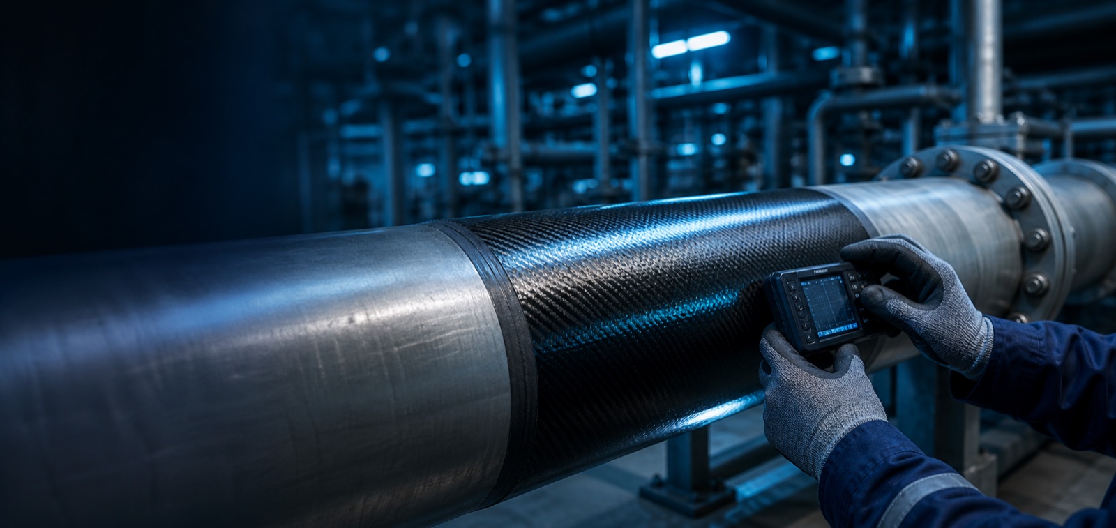 Engineered carbon-fiber composite repair applied to an industrial pipeline