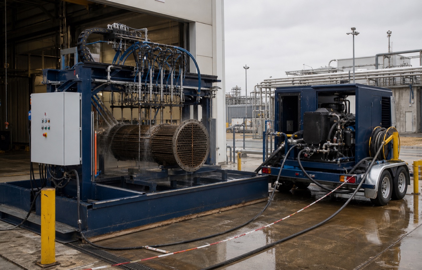 Stationary and mobile high-pressure cleaning systems for heat exchangers
