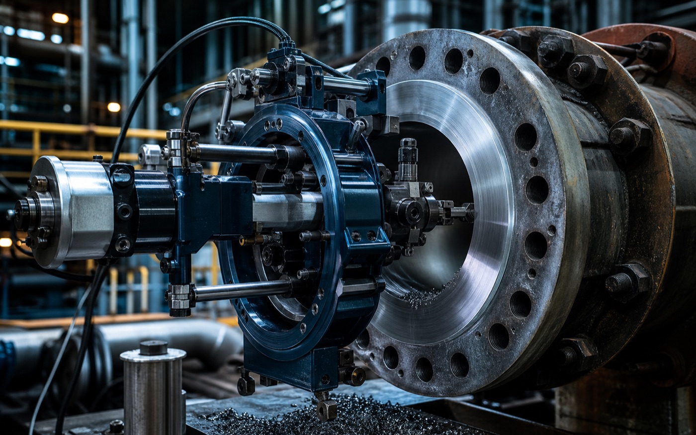Portable flange-facing machine operating on site